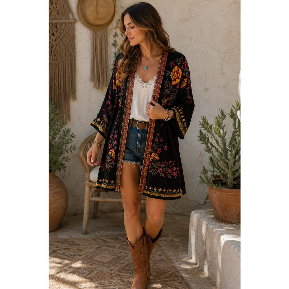 CONTEXT Lord & Taylor Embroidered Open Front Kimono Wrap Sz 2X NWT $138 {VV14}